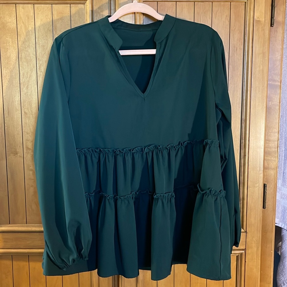 Dark green ruffled long sleeve blouse